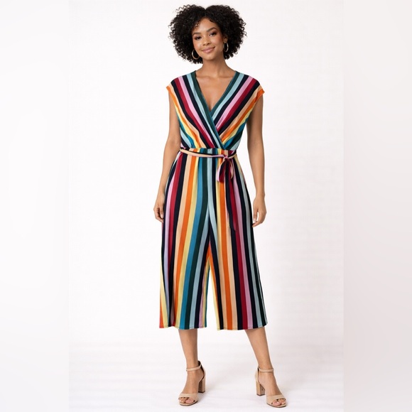 MSK Pants - MSK Multicolor Vertical Stripe Tie-Waist Sleeveless Jumpsuit
